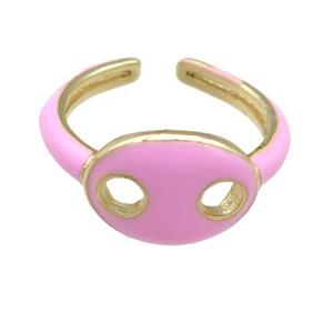 copper Rings with pink enamel pignose, adjustable, gold plated, approx 11-14mm, 17mm dia