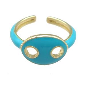 copper Rings with teal enamel pignose, adjustable, gold plated, approx 11-14mm, 17mm dia