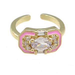 copper Rings pave zircon with pink enamel, gold plated, adjustable, approx 9-15mm, 17mm dia