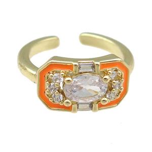 copper Rings pave zircon with orange enamel, gold plated, adjustable, approx 9-15mm, 17mm dia