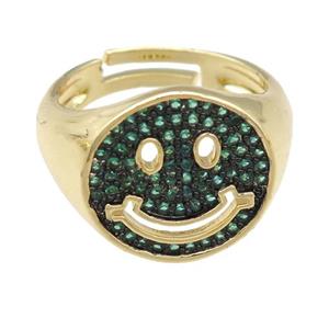 copper Emoji Rings pave green zircon, smileface, gold plated, adjustable, approx 15mm, 17mm dia