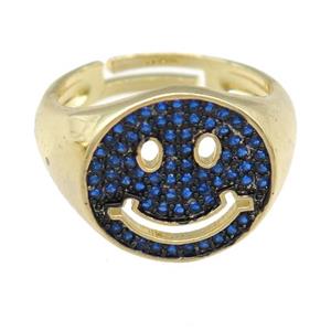 copper Emoji Rings pave blue zircon, smileface, gold plated, adjustable, approx 15mm, 17mm dia