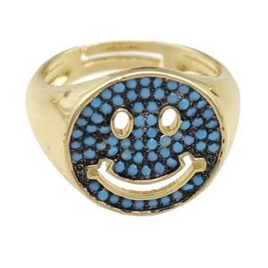 copper Emoji Rings pave turq zircon, smileface, gold plated, adjustable, approx 15mm, 17mm dia