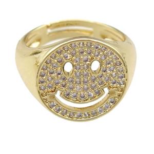 copper Emoji Rings pave zircon, smileface, gold plated, adjustable, approx 15mm, 17mm dia