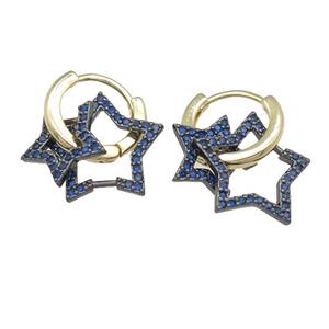 copper hoop Earring with star pave blue zircon, gold plated, approx 11mm, 14mm