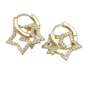 copper hoop Earring with star pave zircon, gold plated, approx 11mm, 14mm
