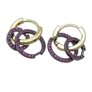 copper hoop Earring with circle pave hotpink zircon, gold plated, approx 9mm, 12mm