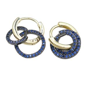 copper hoop Earring with circle pave blue zircon, gold plated, approx 9mm, 12mm