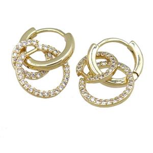 copper hoop Earring with circle pave zircon, gold plated, approx 9mm, 12mm