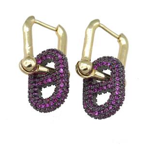 copper Latchback Earrring with oval pave hotpink zircon, gold plated, approx 10-16mm