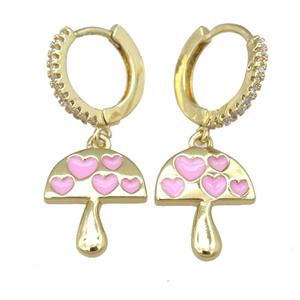 copper hoop Earring with pink enamel mushroom, gold plated, approx 12-14mm