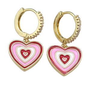 copper Hoop Earring with Enamel Heart, gold plated, approx 14mm, 13mm dia