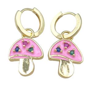 copper Hoop Earring with pink Enamel Mushroom, gold plated, approx 14-16mm, 13mm dia