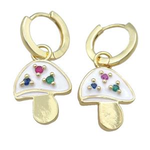 copper Hoop Earring with white Enamel Mushroom, gold plated, approx 14-16mm, 13mm dia