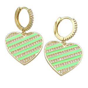 copper Hoop Earring with green Enamel Heart, gold plated, approx 20mm, 13mm dia