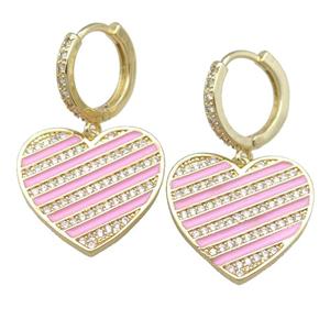 copper Hoop Earring with pink Enamel Heart, gold plated, approx 20mm, 13mm dia