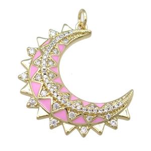 copper Crescent pendant pave zircon with pink enamel, gold plated, approx 10-30mm