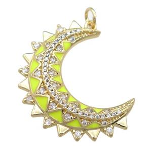 copper Crescent pendant pave zircon with yellow enamel, gold plated, approx 10-30mm