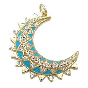 copper Crescent pendant pave zircon with blue enamel, gold plated, approx 10-30mm