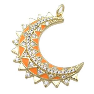 copper Crescent pendant pave zircon with orange enamel, gold plated, approx 10-30mm