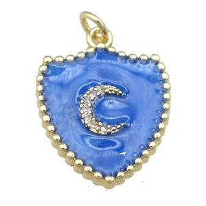 copper shield pendant with moon, blue enamel, gold plated, approx 18-20mm