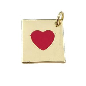 copper rectangle pendant with red enamel heart, gold plated, approx 13-16mm