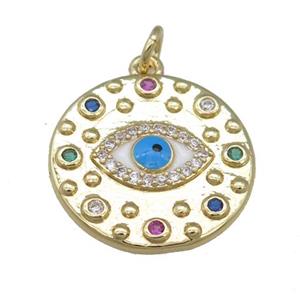 copper circle pendant with enamel evil eye, gold plated, approx 19mm