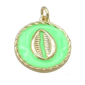 copper circle pendant with green enamel, mouth, gold plated, approx 17mm