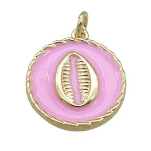 copper circle pendant with pink enamel, mouth, gold plated, approx 17mm