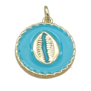 copper circle pendant with teal enamel, mouth, gold plated, approx 17mm