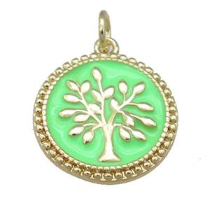 copper circle pendant with green enamel, tree, gold plated, approx 17mm