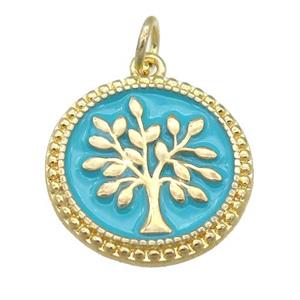 copper circle pendant with teal enamel, tree, gold plated, approx 17mm