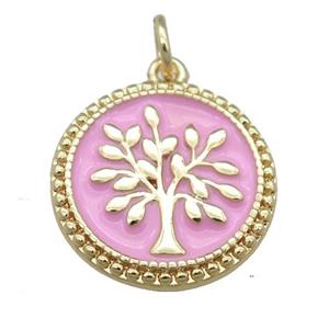 copper circle pendant with pink enamel, tree, gold plated, approx 17mm