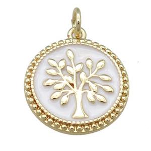 copper circle pendant with white enamel, tree, gold plated, approx 17mm