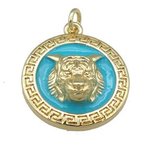 copper Tiger pendant with teal enamel, gold plated, approx 20mm