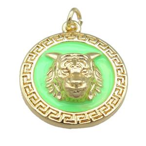 copper Tiger pendant with green enamel, gold plated, approx 20mm