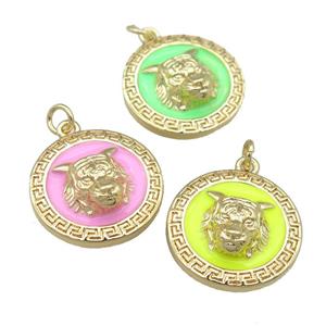 copper Tiger pendant with enamel, gold plated, mixed, approx 20mm