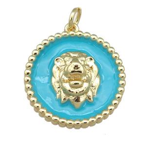 Copper Lion Pendant Teal Enamel Gold Plated, approx 20mm