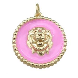 Copper Lion Pendant Pink Enamel Gold Plated, approx 20mm