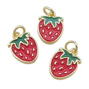 copper strawberry pendant with red enamel, gold plated, approx 10-11mm