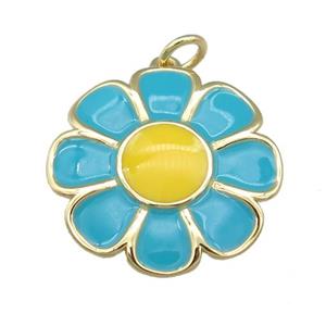 copper Sunflower pendant with blue enamel, gold plated, approx 20mm