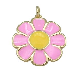 copper Sunflower pendant with pink enamel, gold plated, approx 20mm