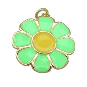 copper Sunflower pendant with green enamel, gold plated, approx 20mm