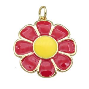 copper Sunflower pendant with red enamel, gold plated, approx 20mm