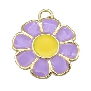 copper Sunflower pendant with lavender enamel, gold plated, approx 20mm