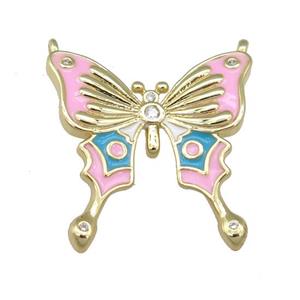copper Butterfly pendant with pink enamel, gold plated, approx 23mm