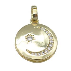 copper circle moon pendant pave zircon, gold plated, approx 20mm