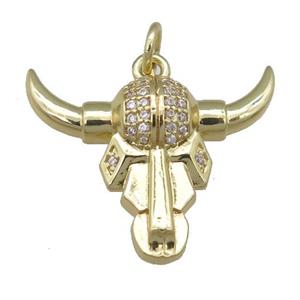 copper bullhead pendant pave zircon, gold plated, approx 18-23mm
