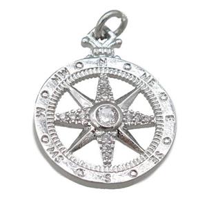 copper Compass pendant pave zircon, platinum plated, approx 18mm