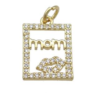 copper rectangle pendant pave zircon, MOM, gold plated, approx 12-14mm